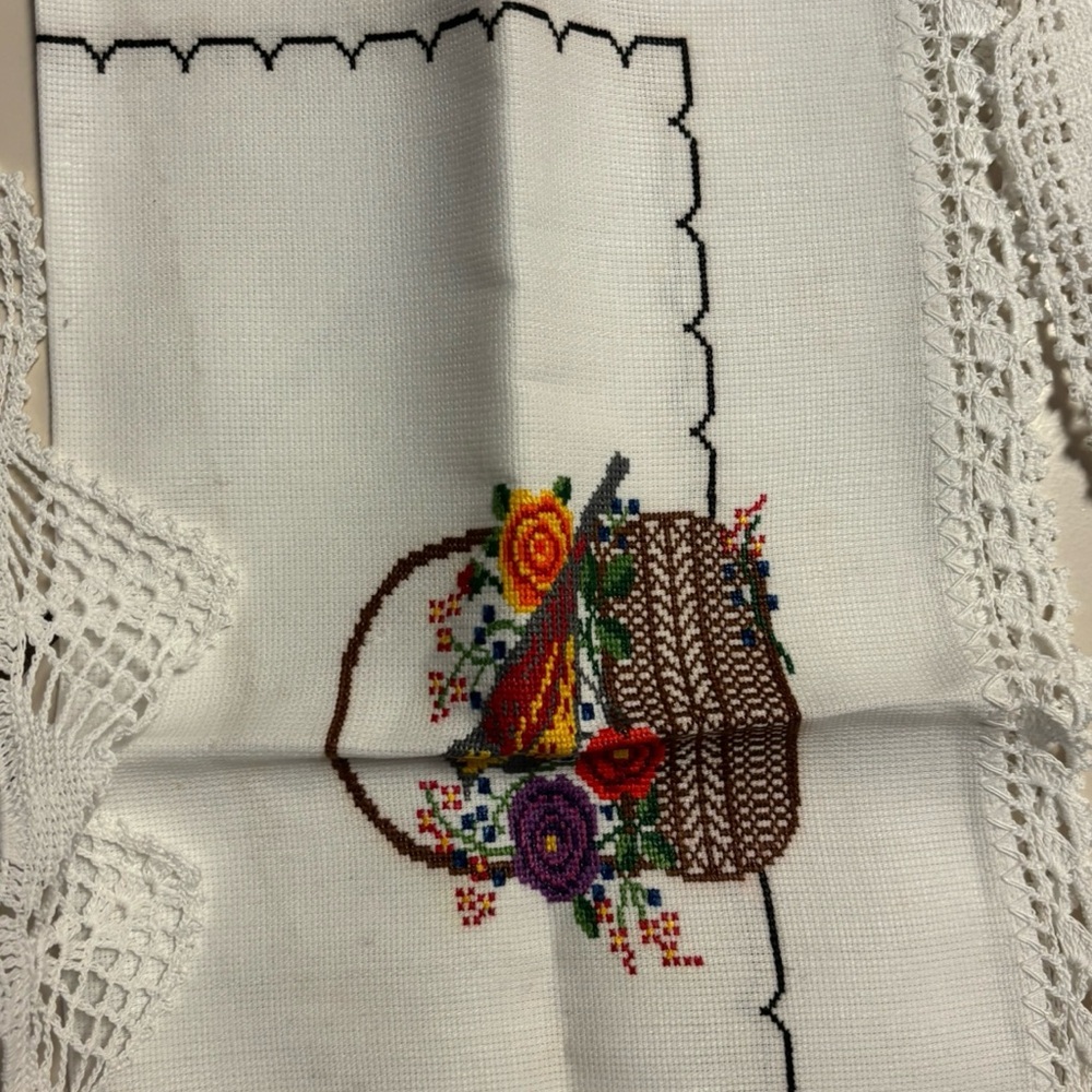 Embroidered Tablecloth with Floral Basket Design